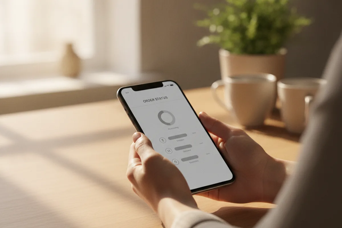 Hands holding an Android smartphone showing order notifications, home kitchen table in the background