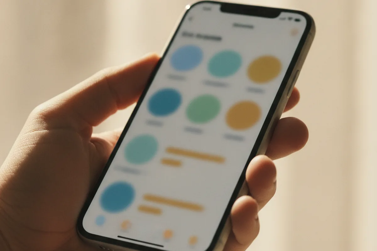Close-up of a hand holding a smartphone with a simple blurred storefront app interface on screen