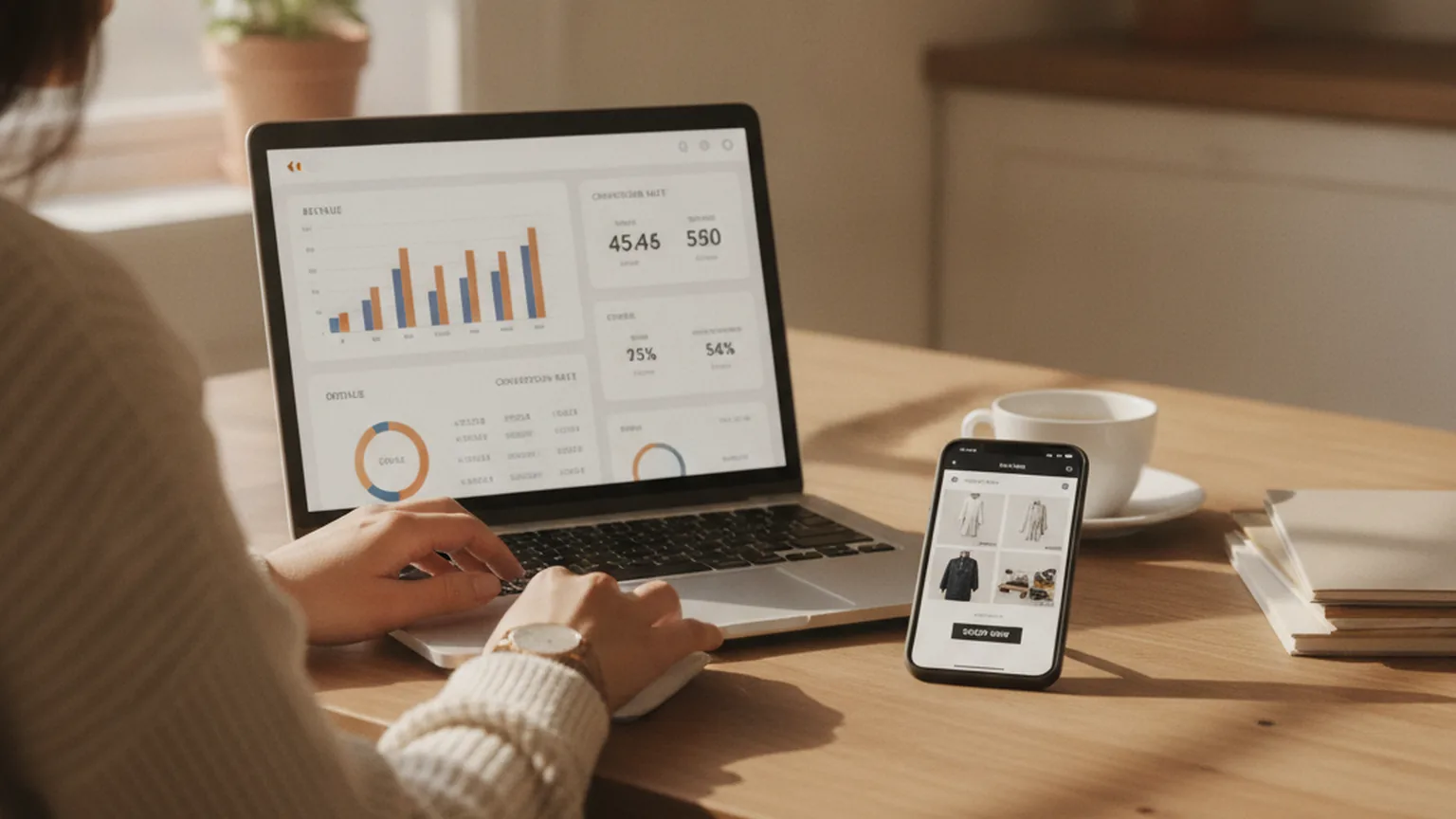 A woman reviewing her online store's sales dashboard on a laptop next to a phone showing her storefront app