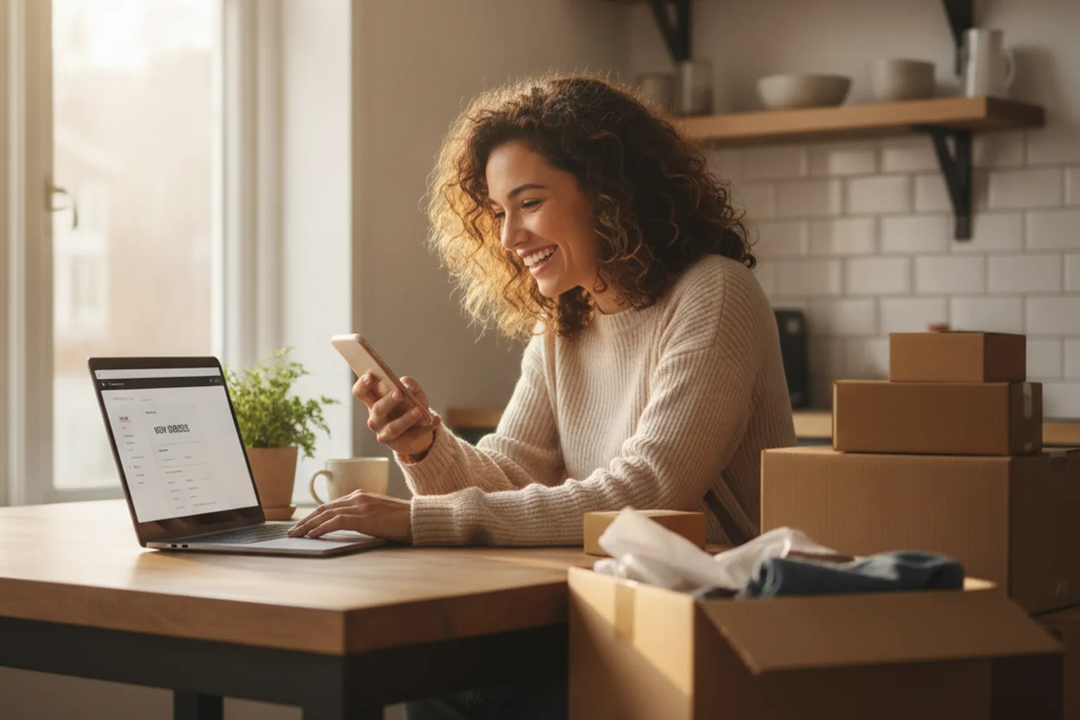 A woman smiling at her phone while working on her laptop at her kitchen table, surrounded by packed shipping boxes