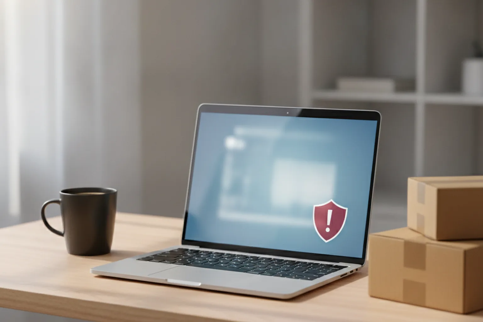 A laptop on a home office desk showing a security warning icon, next to a coffee mug and shipping boxes