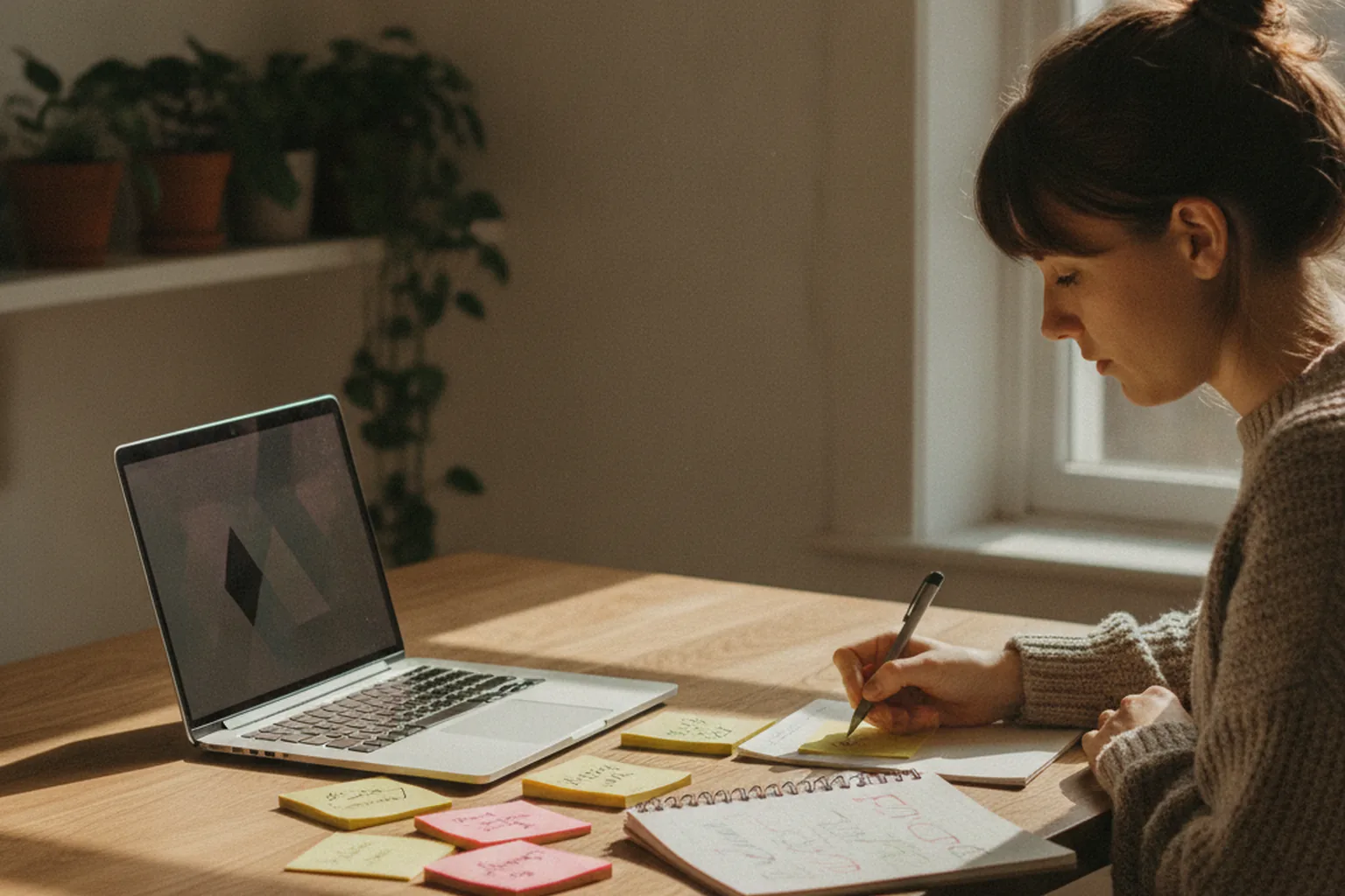 A woman at a kitchen table writing possible business names on sticky notes, laptop open beside her
