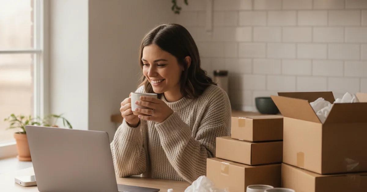 A woman managing her small online store from a laptop at her kitchen table, surrounded by packed shipping boxes
