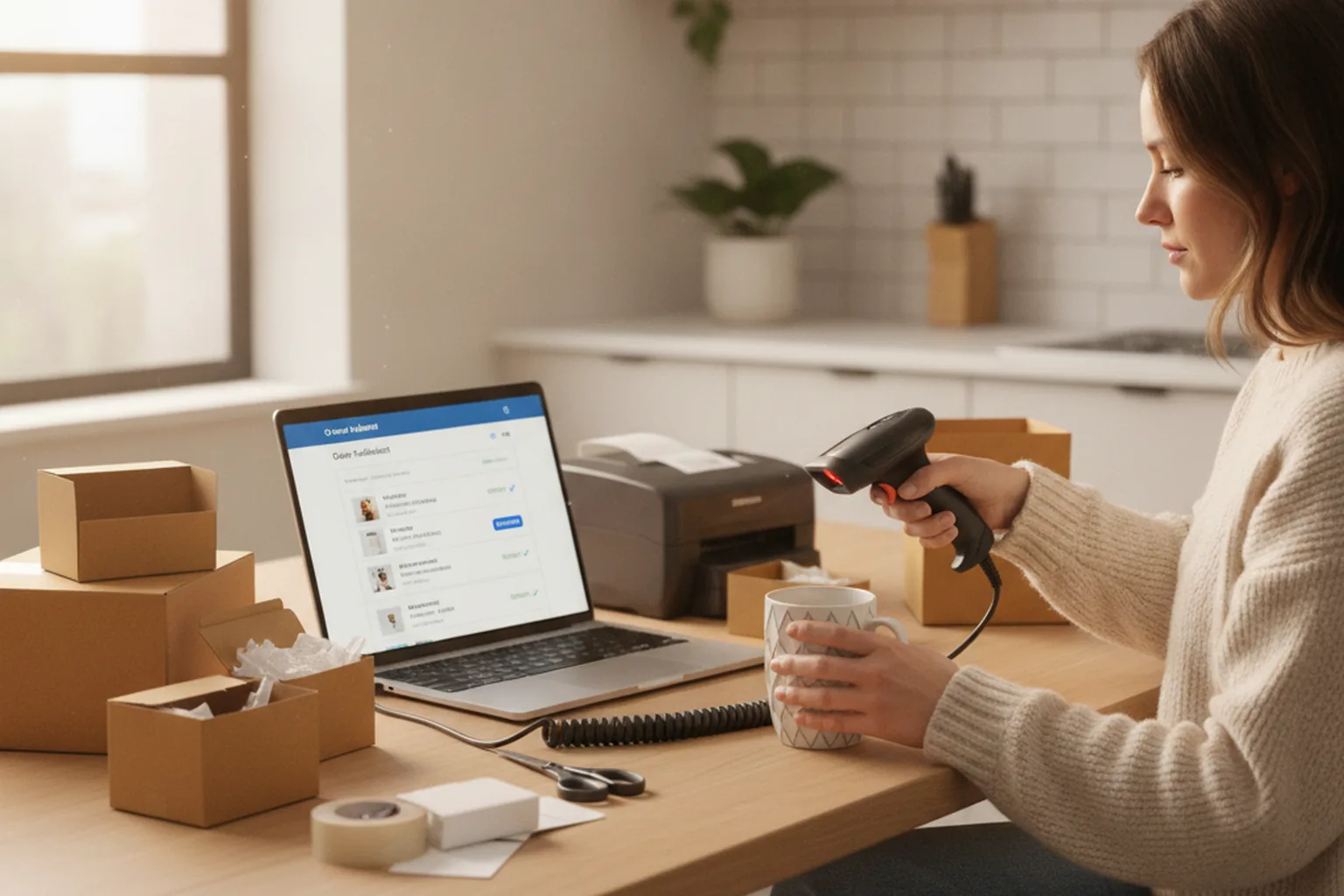 A woman at a home desk scanning a product barcode next to packed shipping boxes and a laptop showing an order list