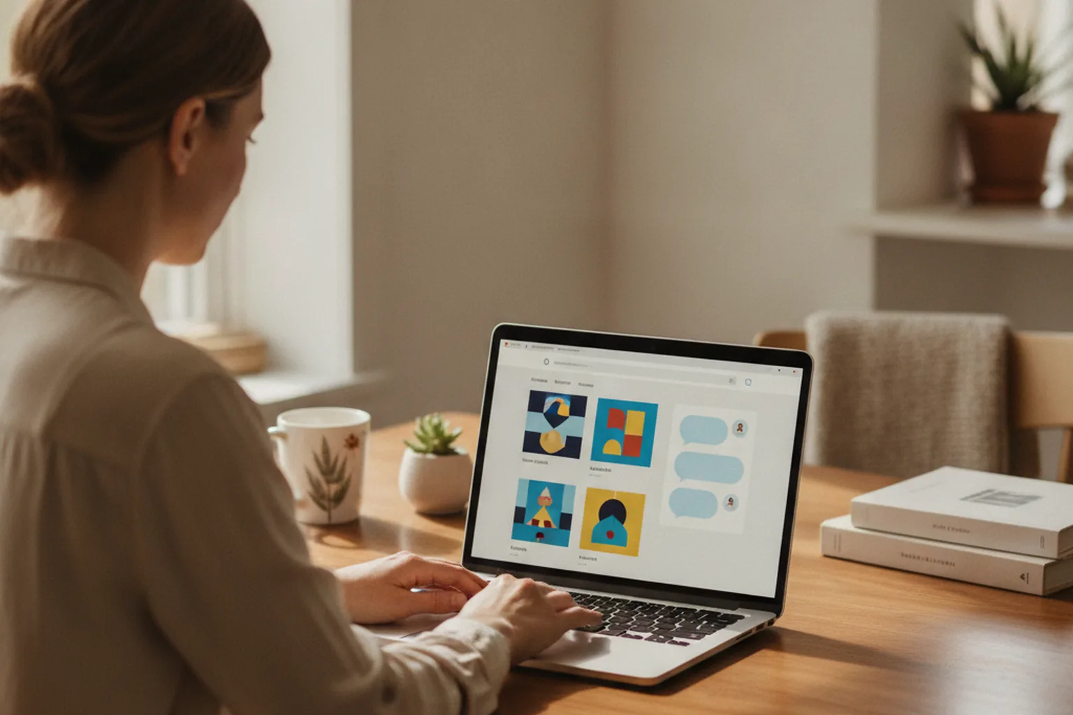 A woman building an online store on her laptop at her kitchen table