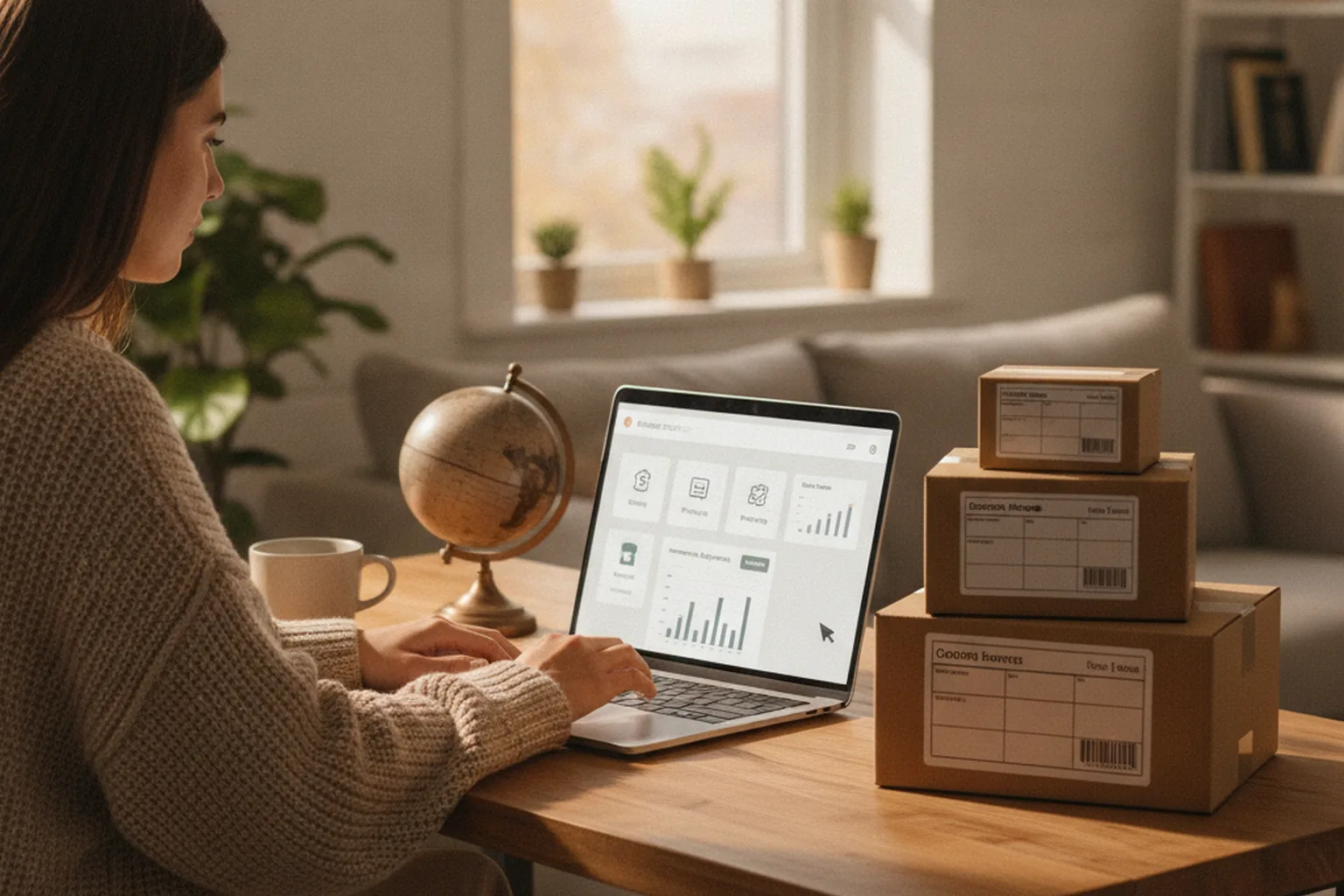 A woman at a home desk checking an online store dashboard next to shipping boxes with customs labels and a globe