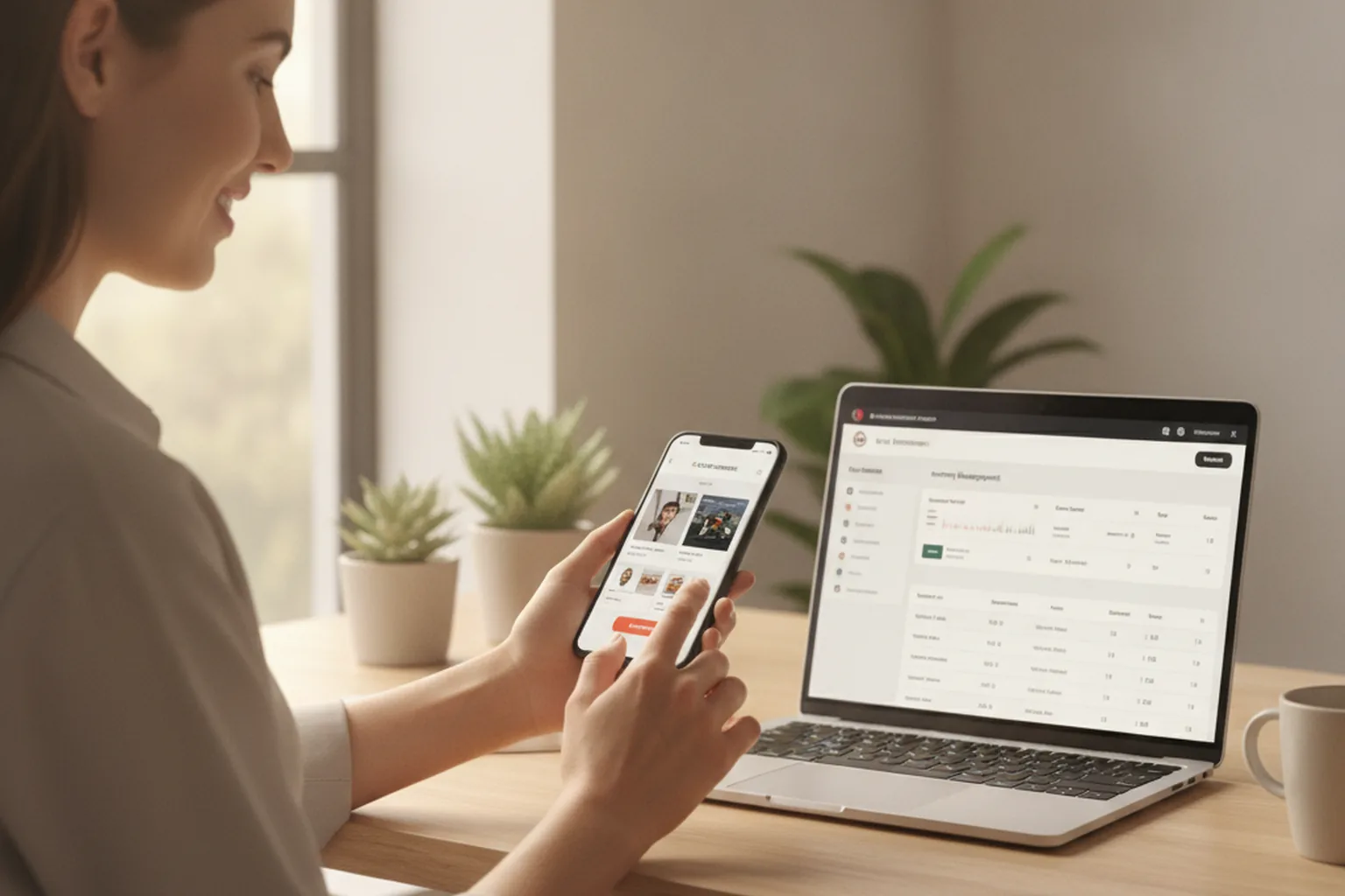 A home store owner checking her phone next to a laptop showing a store dashboard