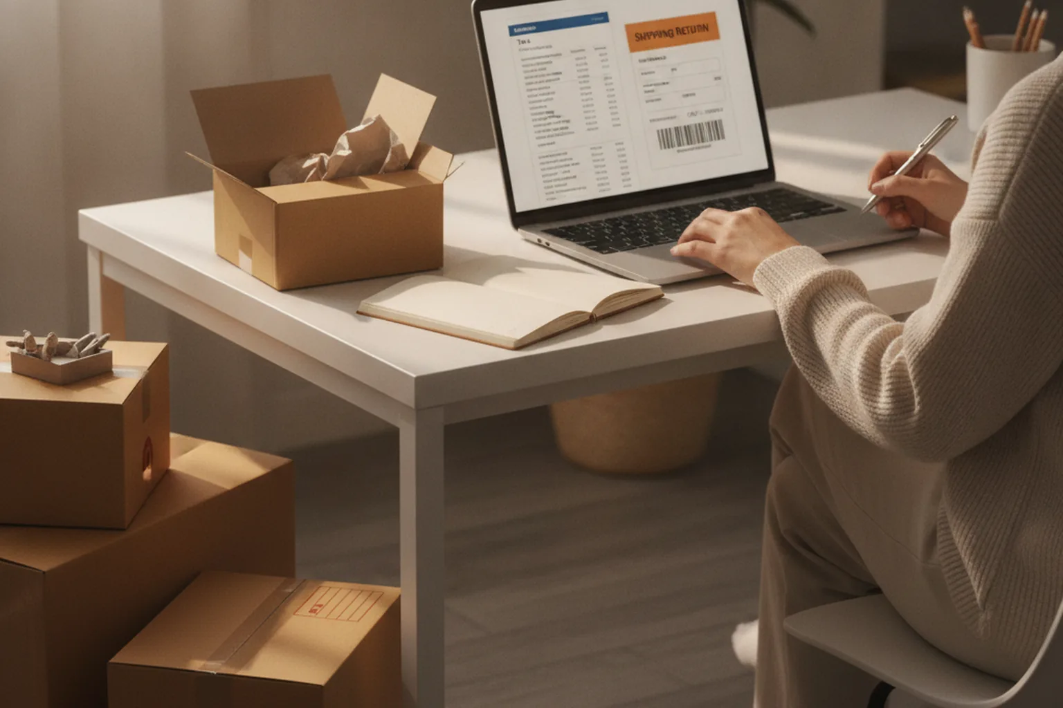 A woman reviewing a return shipping label and tax details on her laptop at a home desk surrounded by packing boxes