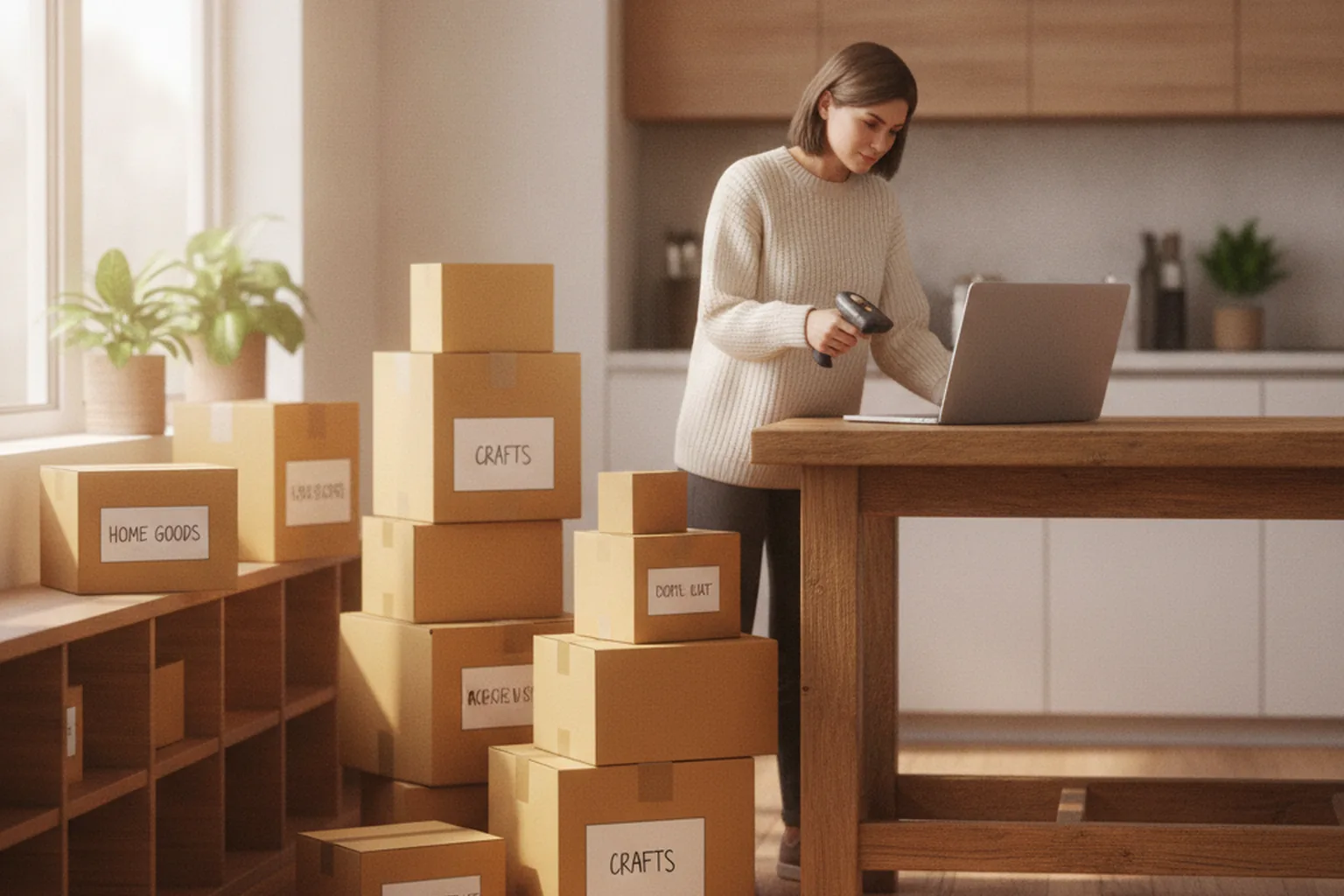 A home store owner scanning boxes of inventory next to her laptop