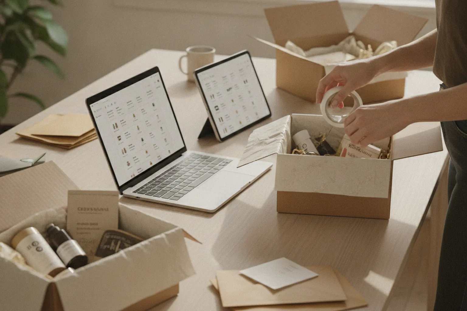 A home-based seller taping up subscription box orders next to a laptop showing an order list