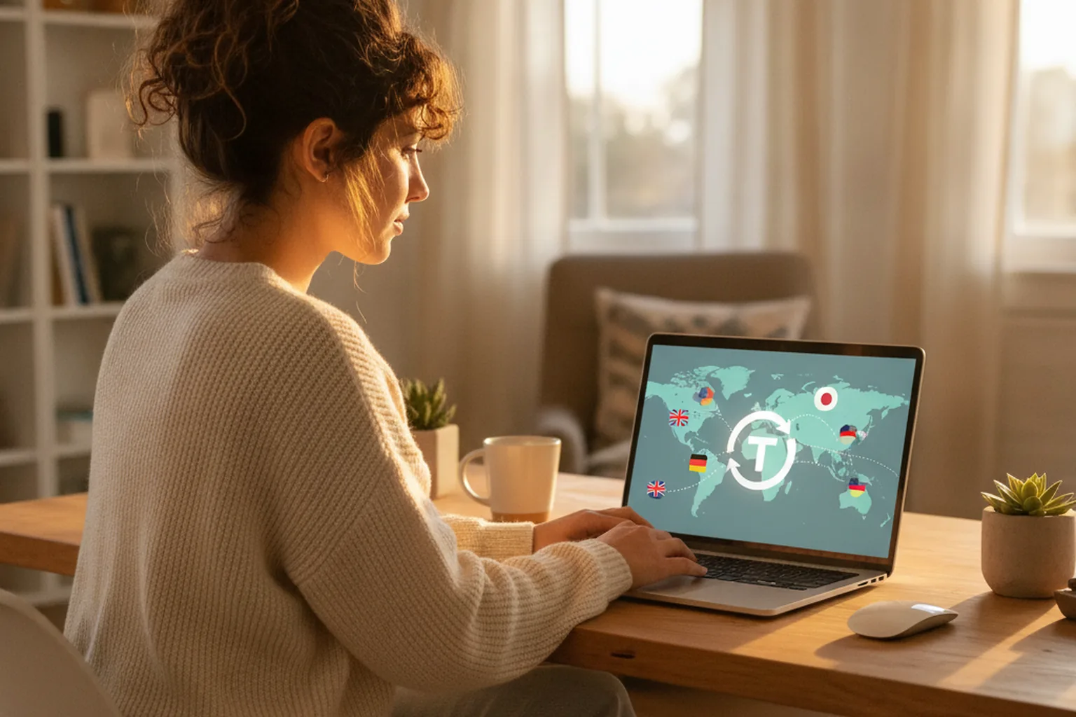 A woman at her home desk looking at her laptop, which shows a world map and a translate icon connecting different countries