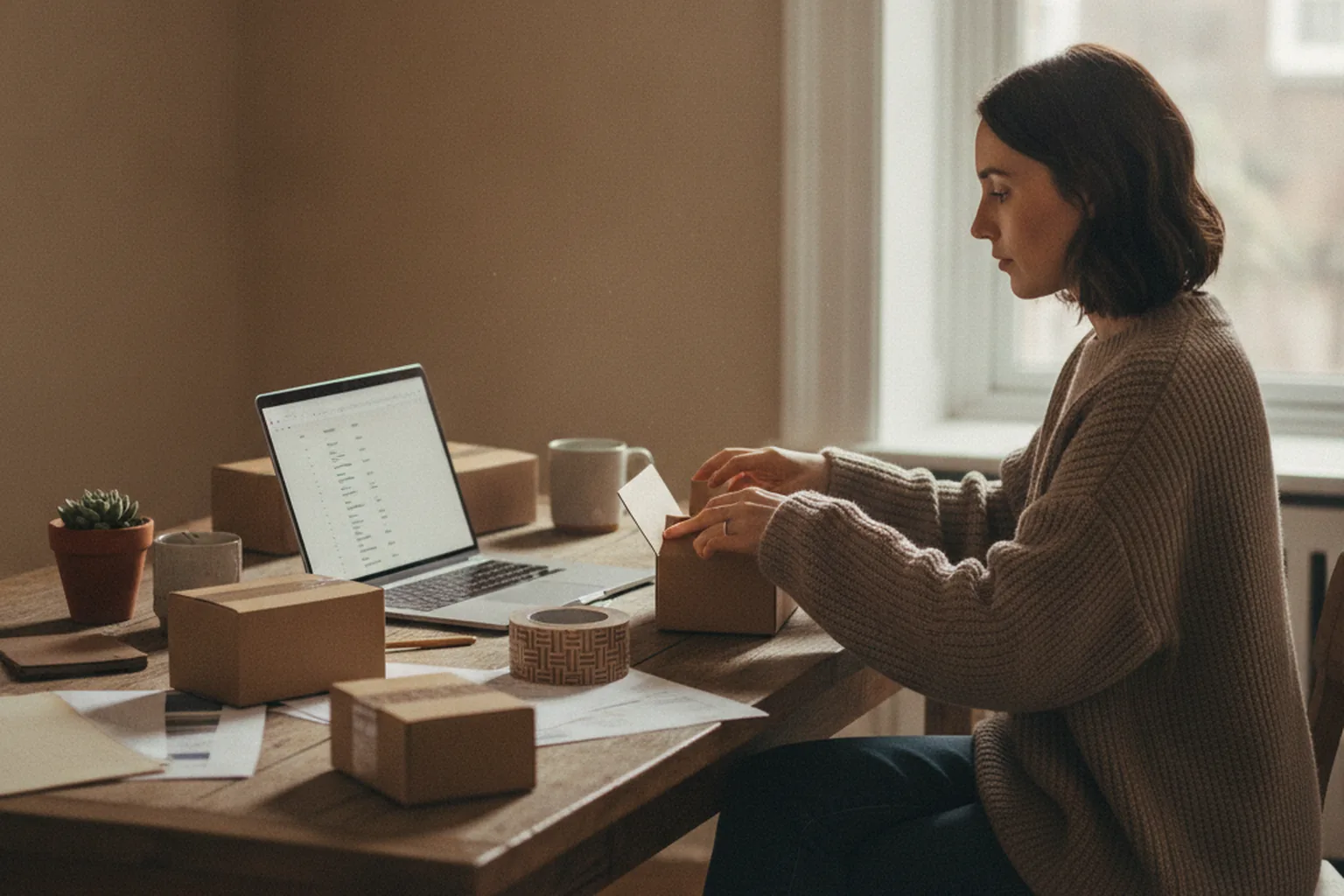 A woman folding small shipping boxes at a kitchen table while glancing at a laptop showing a simple order list