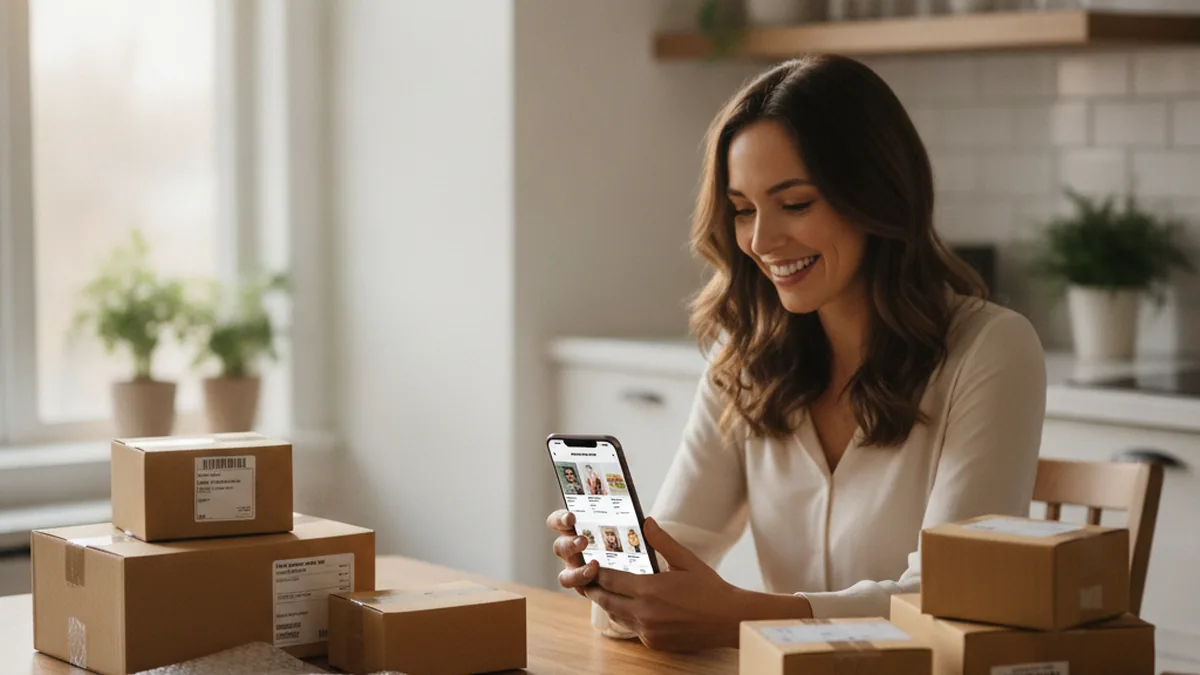 A woman checking social selling orders on her phone at her kitchen table, surrounded by packed shipping boxes