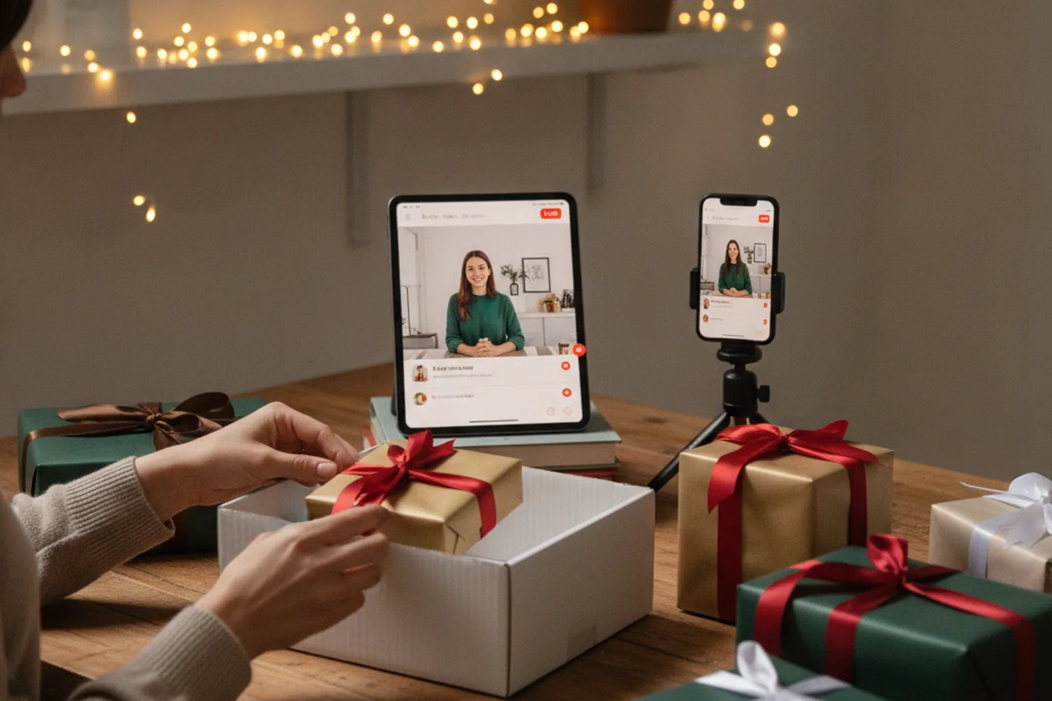 A woman wrapping gift orders at her kitchen table while a livestream plays on a nearby tablet and phone
