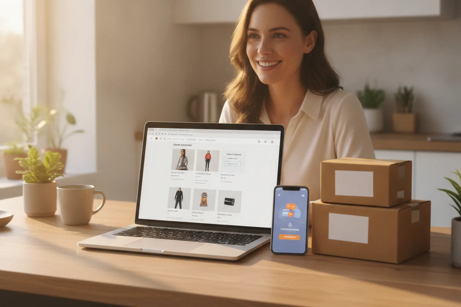 A woman running her online store from her kitchen table, laptop and phone with a payment app open next to shipping boxes