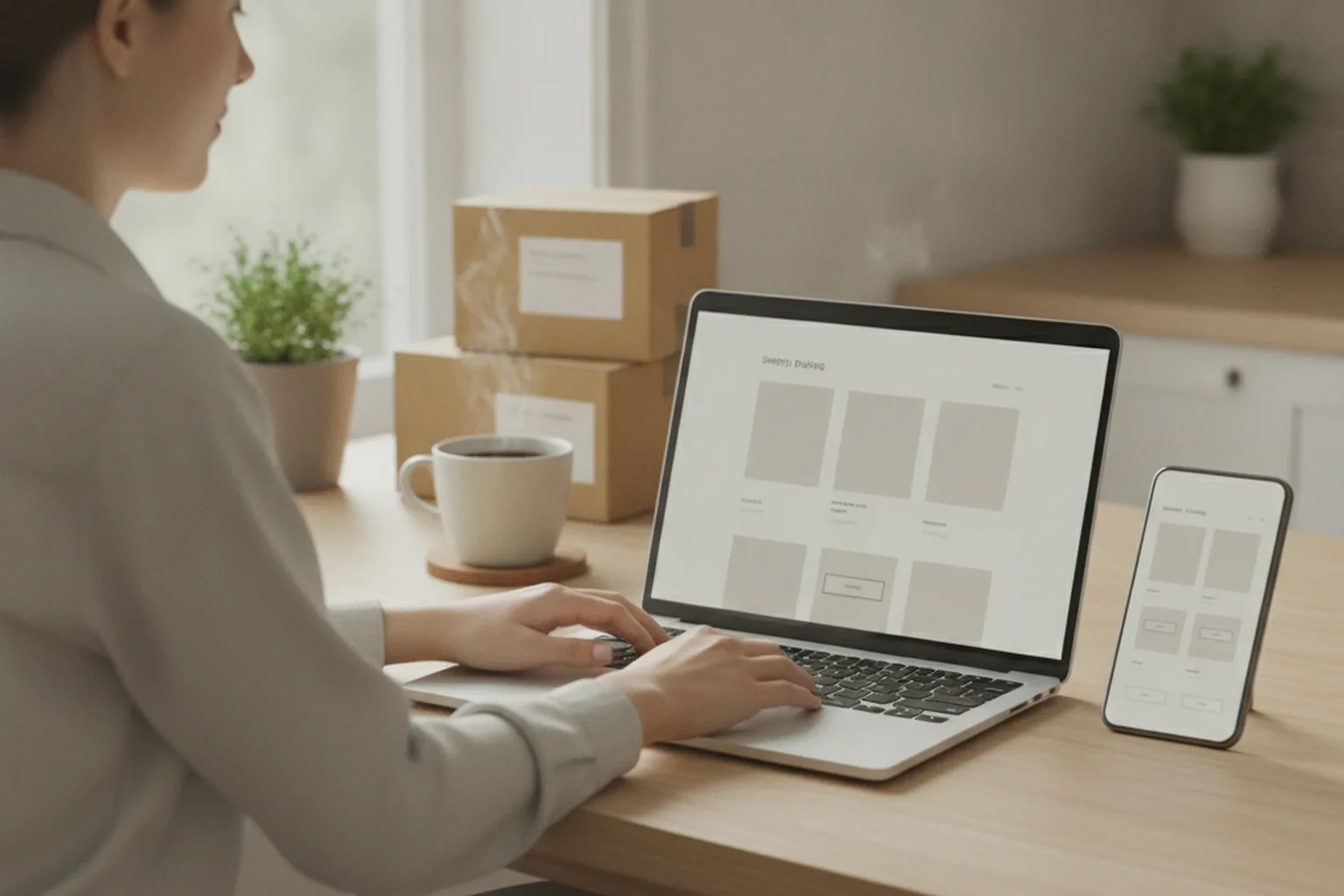 A woman working from her kitchen table with a laptop showing a simple app mockup and a phone propped up beside it